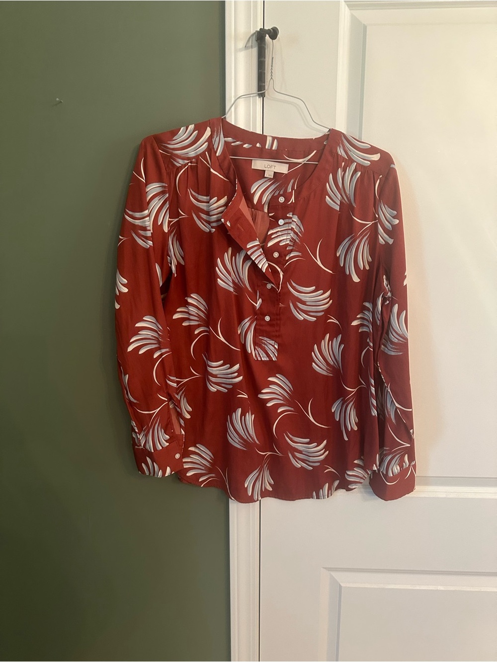 LOFT Rust Red Floral-Print Button-Front Blouse